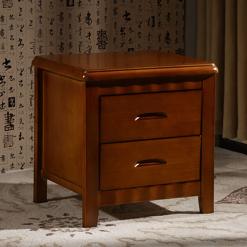 Traditional Chinese Solid Wood Rounded Square Nightstand 2-Drawer For Bedroom