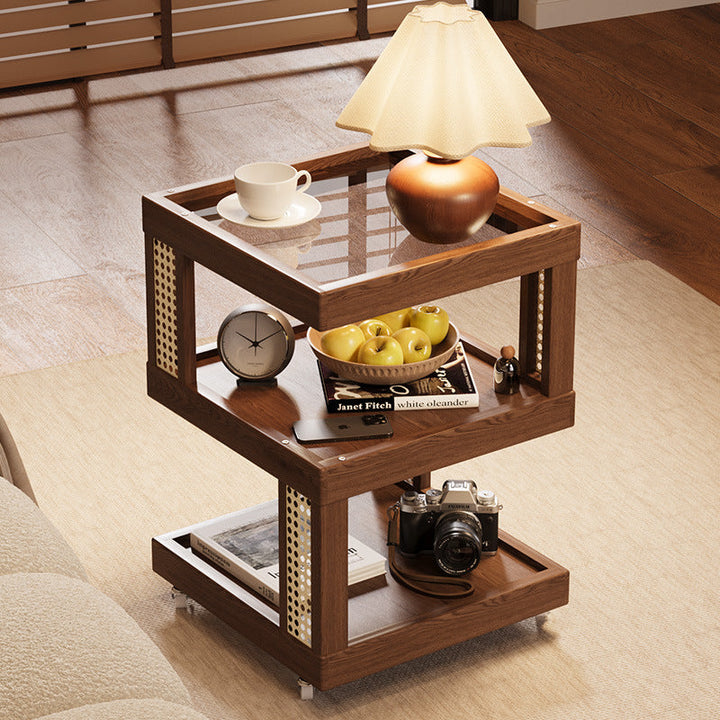 Traditioneller quadratischer Beistelltisch aus Vintage-Gummibaumholz mit Glas und 3 Ebenen für das Wohnzimmer 