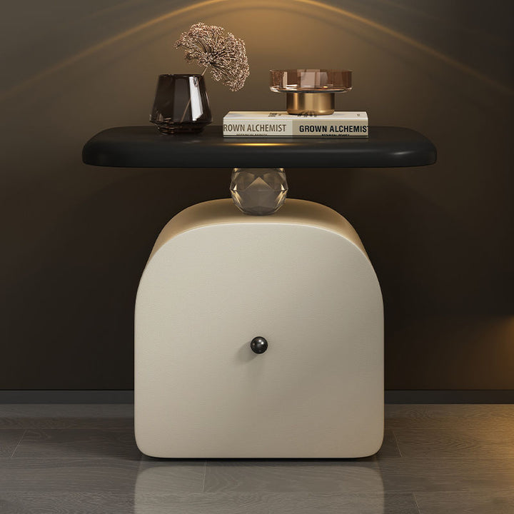 Traditional French Wood Faux Cat-Scratch-Leather Acrylic Curved Square Nightstand 1-Drawer For Bedroom
