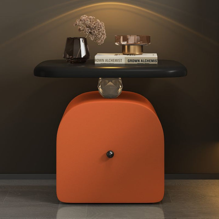 Traditional French Wood Faux Cat-Scratch-Leather Acrylic Curved Square Nightstand 1-Drawer For Bedroom