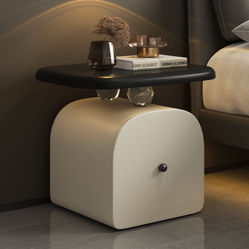 Traditional French Wood Cat-Scratch-Leather Acrylic Curved Square Nightstand 1-Drawer For Bedroom