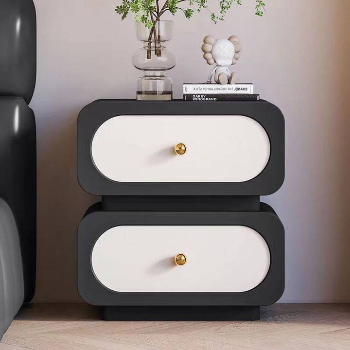 Table de nuit rectangulaire arrondie en bois massif traditionnel français avec cuir microfibre à 2 tiroirs pour chambre 