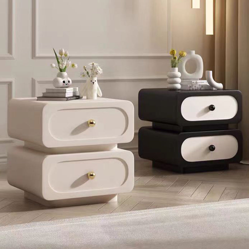 Traditional French Solid Wood Microfiber Leather Rounded Rectangle Nightstand 2-Drawer For Bedroom