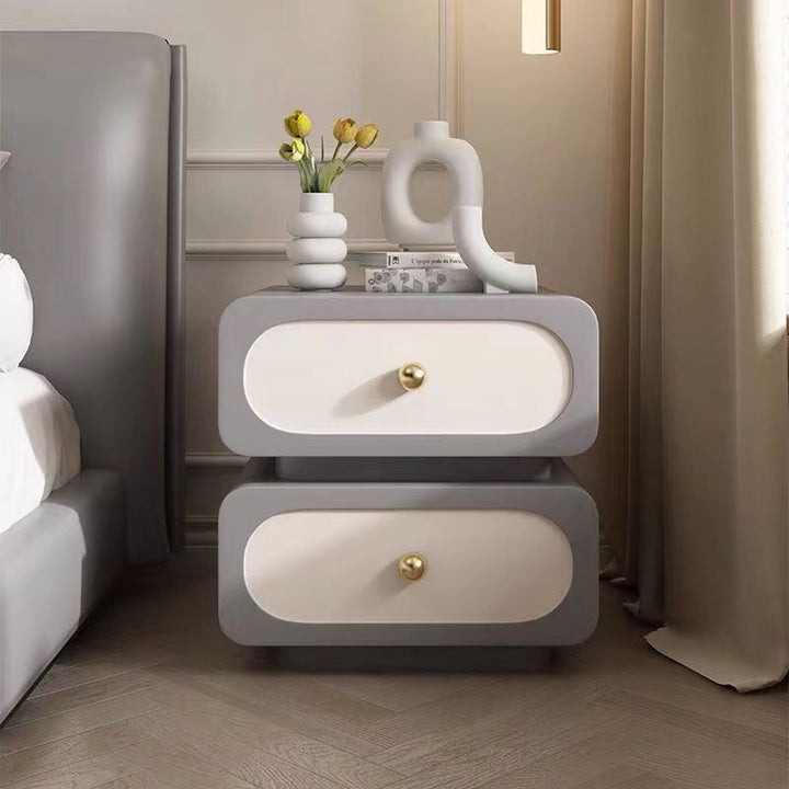 Table de nuit rectangulaire arrondie en bois massif traditionnel français avec cuir microfibre à 2 tiroirs pour chambre 