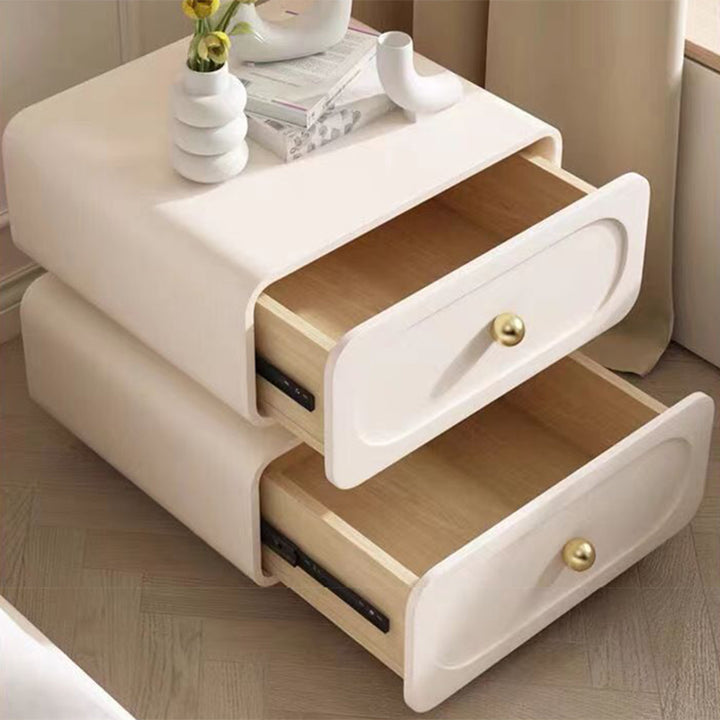 Table de nuit rectangulaire arrondie en bois massif traditionnel français avec cuir microfibre à 2 tiroirs pour chambre 