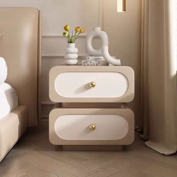 Table de nuit rectangulaire arrondie en bois massif traditionnel français avec cuir microfibre à 2 tiroirs pour chambre 