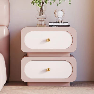 Traditional French Solid Wood Microfiber Leather Rounded Rectangle Nightstand 2-Drawer For Bedroom
