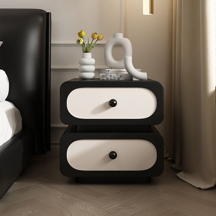 Table de nuit rectangulaire arrondie en bois massif traditionnel français avec cuir microfibre à 2 tiroirs pour chambre 