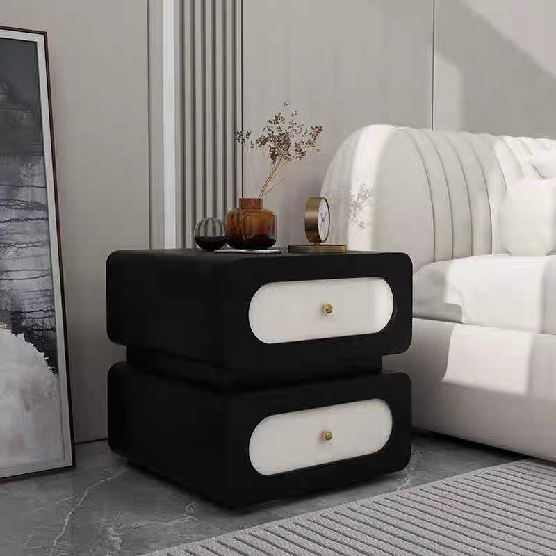 Traditional French Solid Wood Microfiber Leather Rounded Rectangle Nightstand 2-Drawer For Bedroom