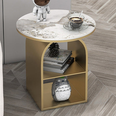 Contemporary Nordic Carbon Steel Sintered Stone Round Arch End Table 3-Tier For Living Room
