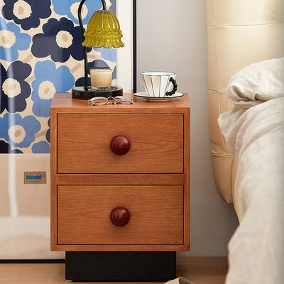 Traditional Chinese Solid Wood Metal Rectangular Ball-Leg Nightstand 2-Drawer For Bedroom
