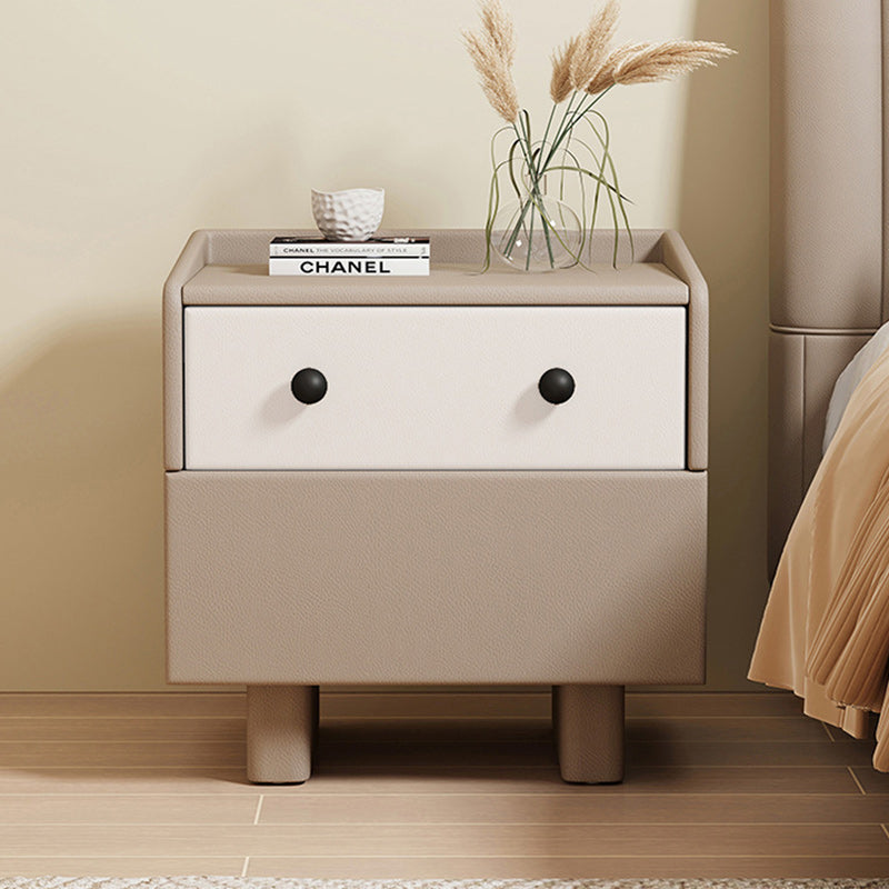 Contemporary Creative Solid Wood Faux Leather Metal Rounded Rectangular Nightstand 2-Drawer For Bedroom