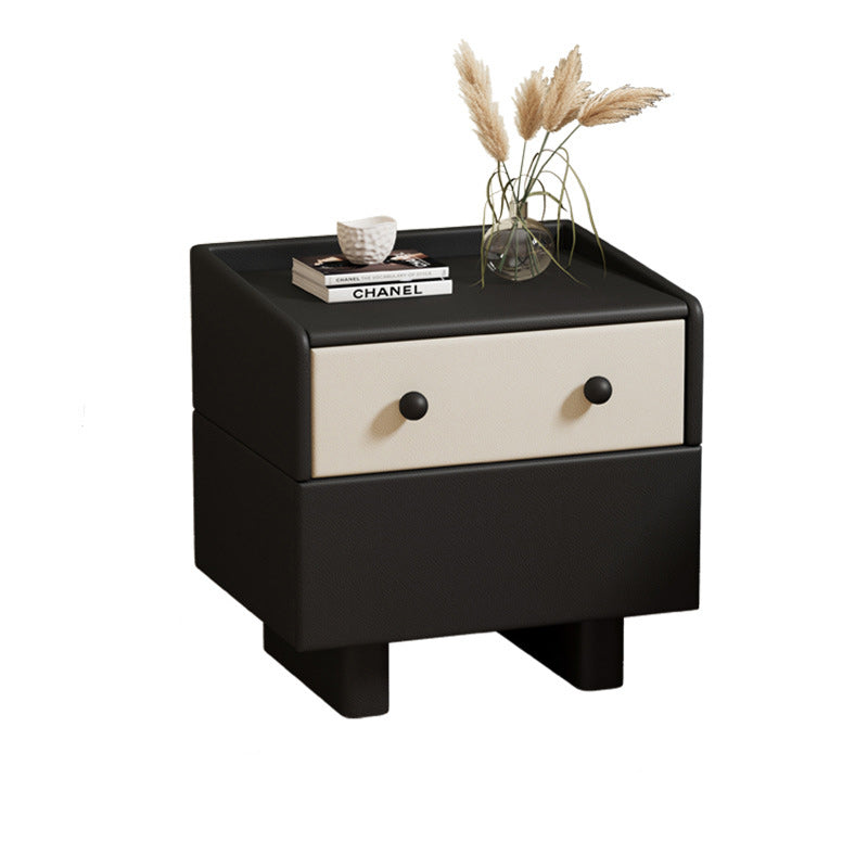 Contemporary Creative Solid Wood Faux Leather Metal Rounded Rectangular Nightstand 2-Drawer For Bedroom