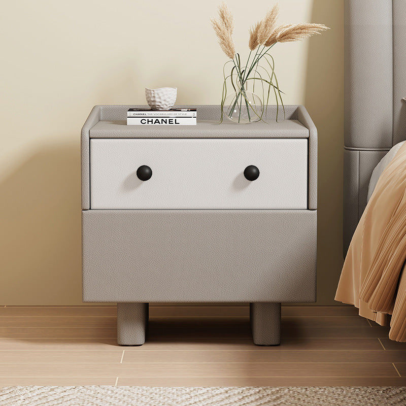 Contemporary Creative Solid Wood Faux Leather Metal Rounded Rectangular Nightstand 2-Drawer For Bedroom