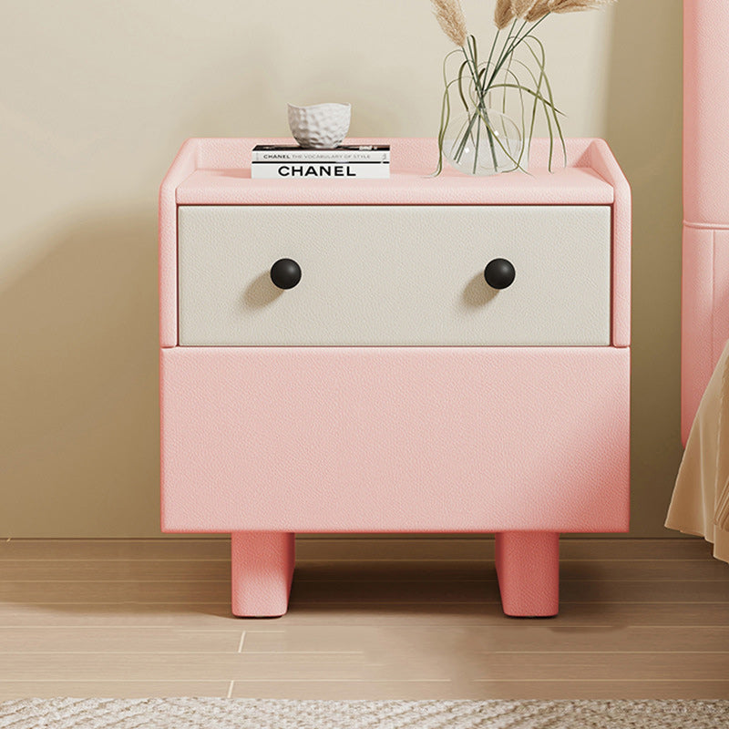 Contemporary Creative Solid Wood Faux Leather Metal Rounded Rectangular Nightstand 2-Drawer For Bedroom