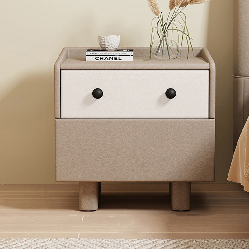 Contemporary Creative Solid Wood Faux Leather Metal Rounded Rectangular Nightstand 2-Drawer For Bedroom