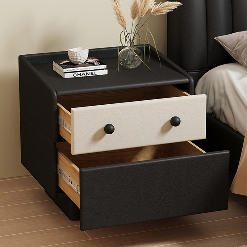 Contemporary Creative Solid Wood Faux Leather Metal Rounded Rectangular Nightstand 2-Drawer For Bedroom