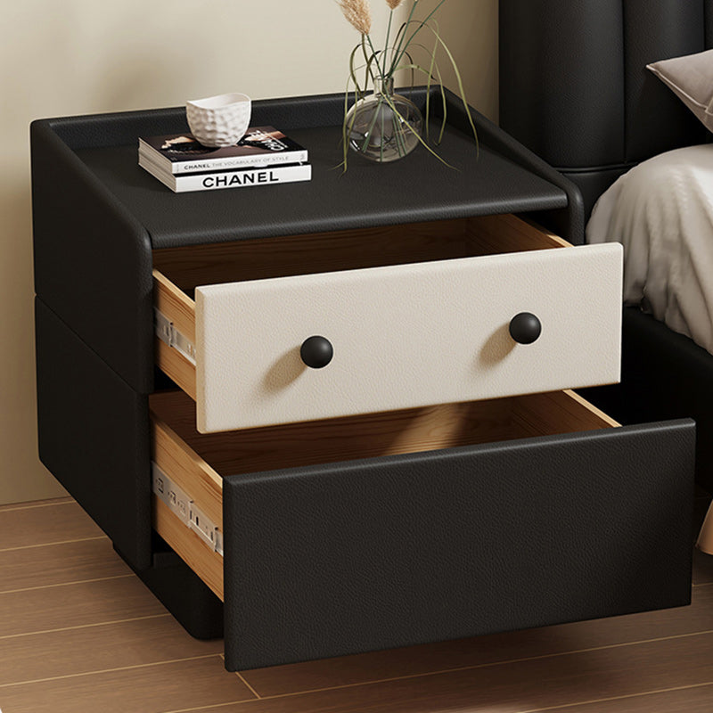 Contemporary Creative Solid Wood Faux Leather Metal Rounded Rectangular Nightstand 2-Drawer For Bedroom