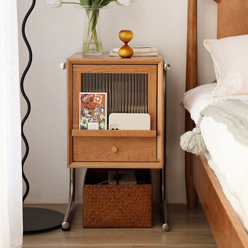 Traditional Japanese Rattan Glass Solid Wood Stainless Steel Rectangular Bedside Table With 2-Drawer For Bedroom