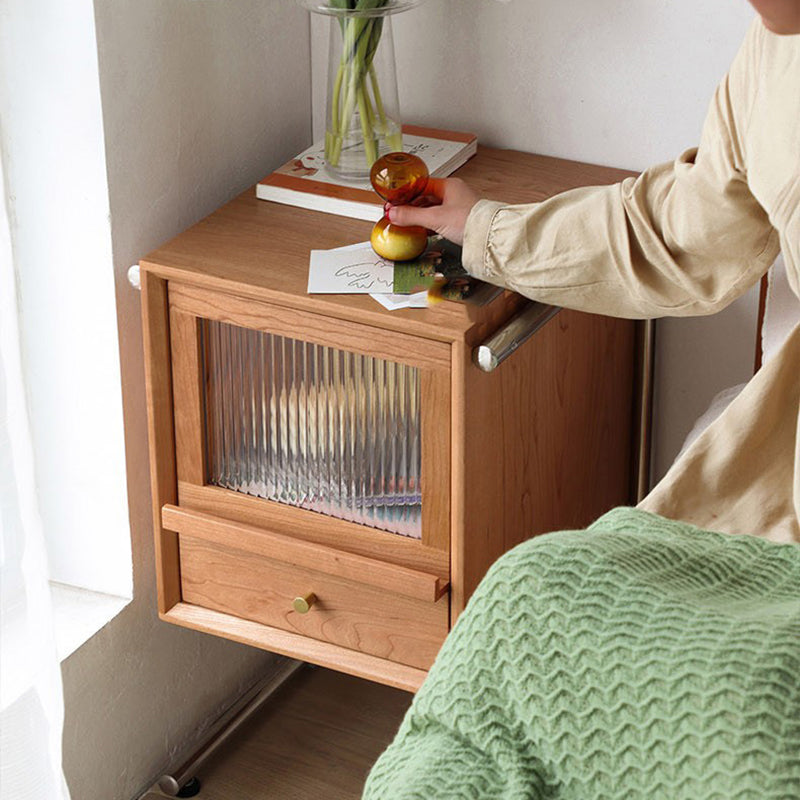 Traditional Japanese Rattan Glass Solid Wood Stainless Steel Rectangular Bedside Table With 2-Drawer For Bedroom