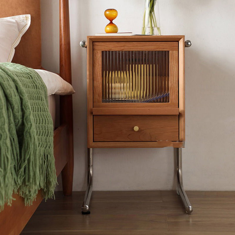 Traditional Japanese Rattan Glass Solid Wood Stainless Steel Rectangular Bedside Table With 2-Drawer For Bedroom
