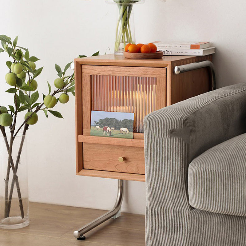 Traditional Japanese Rattan Glass Solid Wood Stainless Steel Rectangular Bedside Table With 2-Drawer For Bedroom