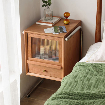 Traditional Japanese Rattan Glass Solid Wood Stainless Steel Rectangular Bedside Table With 2-Drawer For Bedroom