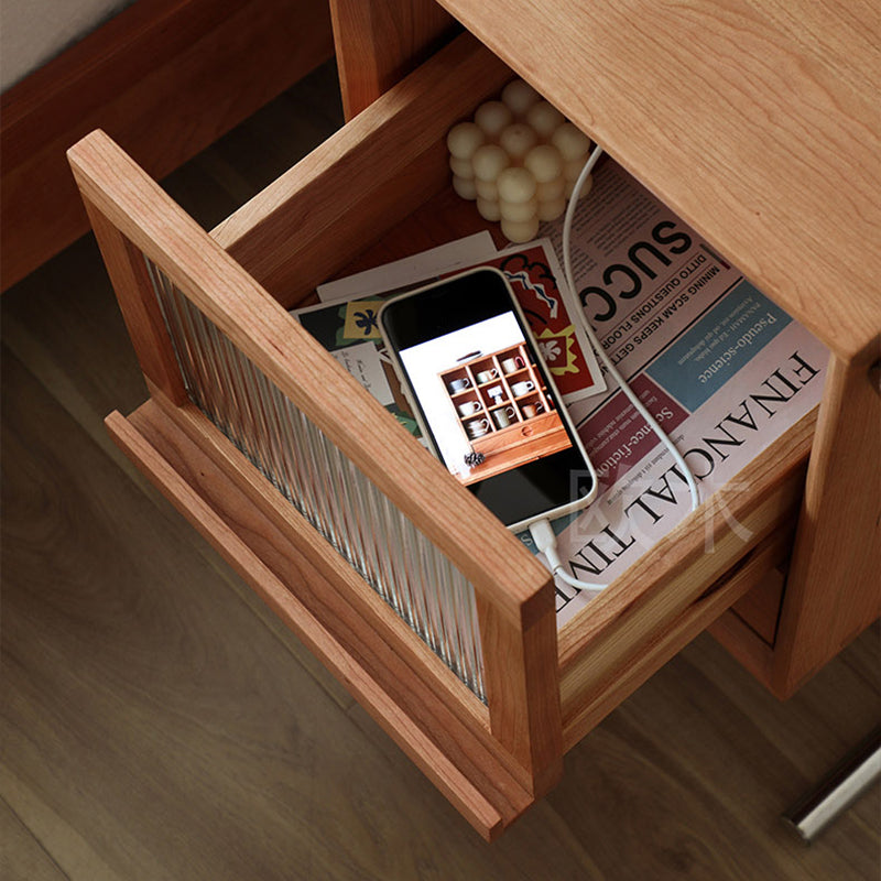 Traditional Japanese Rattan Glass Solid Wood Stainless Steel Rectangular Bedside Table With 2-Drawer For Bedroom