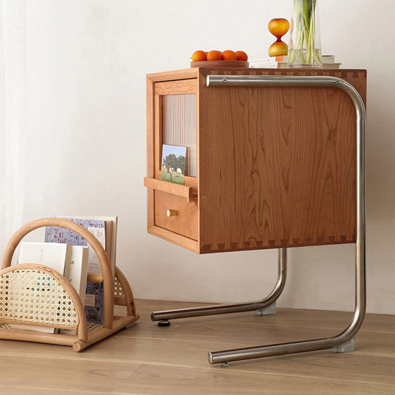 Traditional Japanese Rattan Glass Solid Wood Stainless Steel Rectangular Bedside Table With 2-Drawer For Bedroom