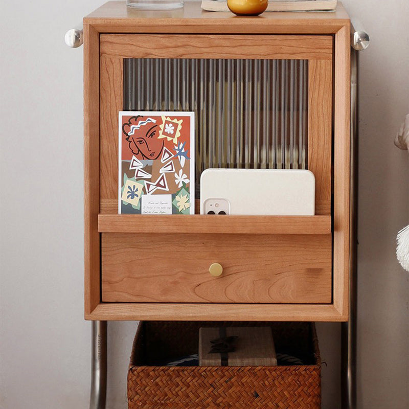 Traditional Japanese Rattan Glass Solid Wood Stainless Steel Rectangular Bedside Table With 2-Drawer For Bedroom