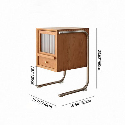 Traditional Japanese Rattan Glass Solid Wood Stainless Steel Rectangular Bedside Table With 2-Drawer For Bedroom