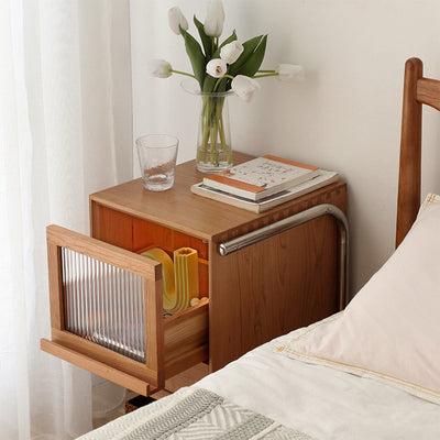 Traditional Japanese Rattan Glass Solid Wood Stainless Steel Rectangular Bedside Table With 2-Drawer For Bedroom