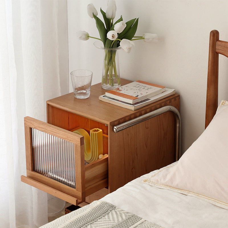 Traditional Japanese Rattan Glass Solid Wood Stainless Steel Rectangular Bedside Table With 2-Drawer For Bedroom