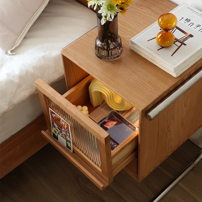 Traditional Japanese Rattan Glass Solid Wood Stainless Steel Rectangular Bedside Table With 2-Drawer For Bedroom