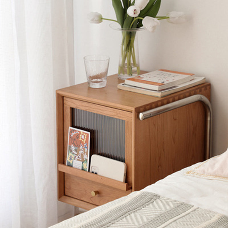 Traditional Japanese Rattan Glass Solid Wood Stainless Steel Rectangular Bedside Table With 2-Drawer For Bedroom