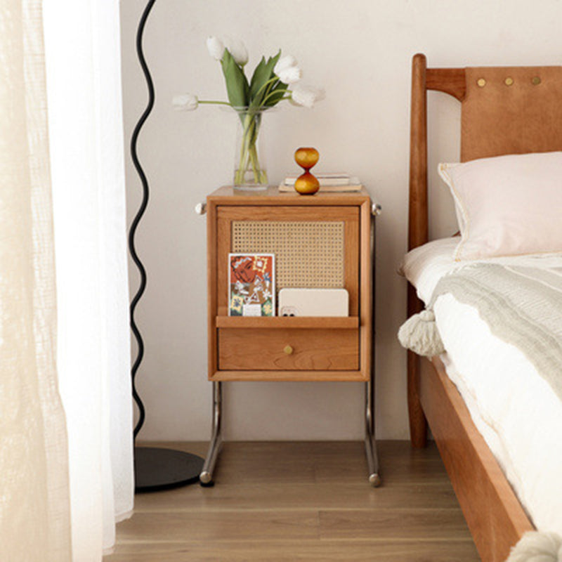 Traditional Japanese Rattan Glass Solid Wood Stainless Steel Rectangular Bedside Table With 2-Drawer For Bedroom