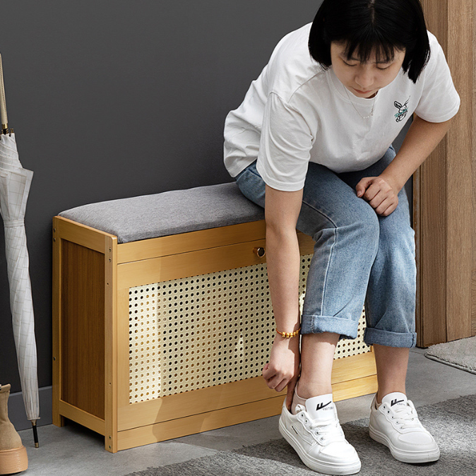 Banc à chaussures rectangulaire ventilé en bambou traditionnel japonais ABS en lin pour entrée et salon 