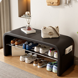 Contemporary Scandinavian Faux Leather Stainless Steel Arched Shoe Storage 1-Tier For Entryway & Living Room