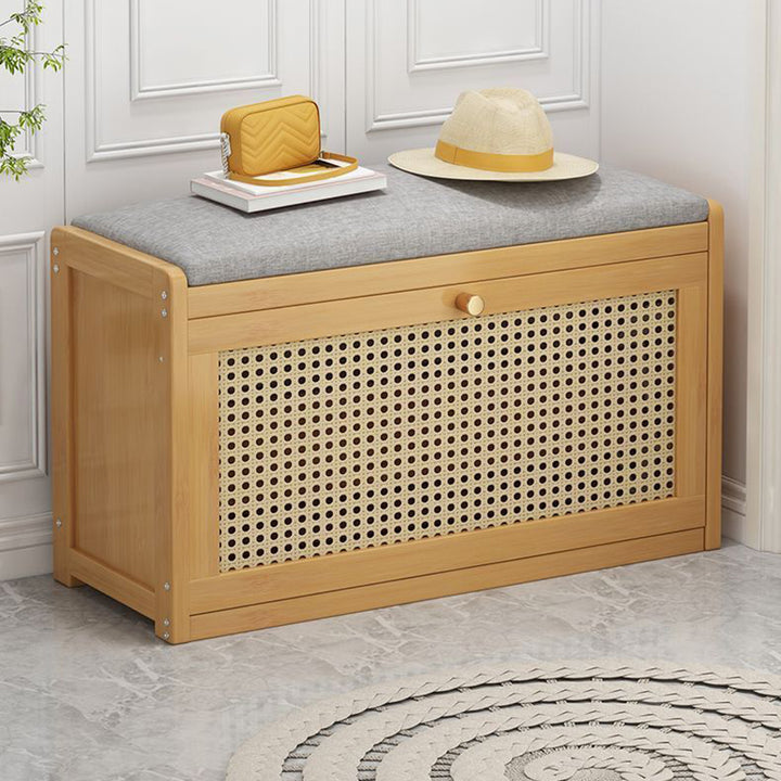 Moderner minimalistischer Schuhschrank aus Bambus, mitteldichter Faserplatte, PE-Rattan und Leinen mit rechteckigem Gitter und 2 Ebenen für das Wohnzimmer 