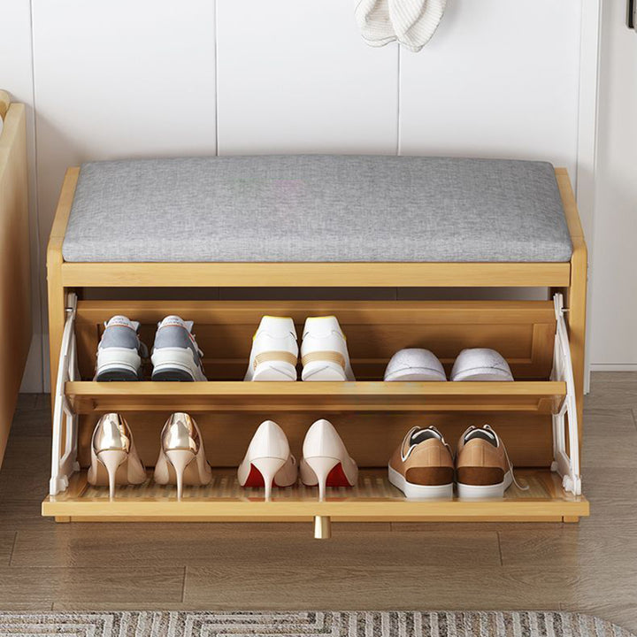 Moderner minimalistischer Schuhschrank aus Bambus, mitteldichter Faserplatte, PE-Rattan und Leinen mit rechteckigem Gitter und 2 Ebenen für das Wohnzimmer 