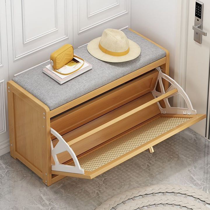Modern Minimalist Bamboo Medium-Density Fiberboard PE Rattan Linen Rectangular Grid Shoe Storage With 2 Tiers For Living Room
