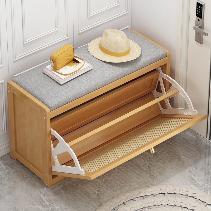 Modern Minimalist Bamboo Medium-Density Fiberboard PE Rattan Linen Rectangular Grid Shoe Storage With 2 Tiers For Living Room