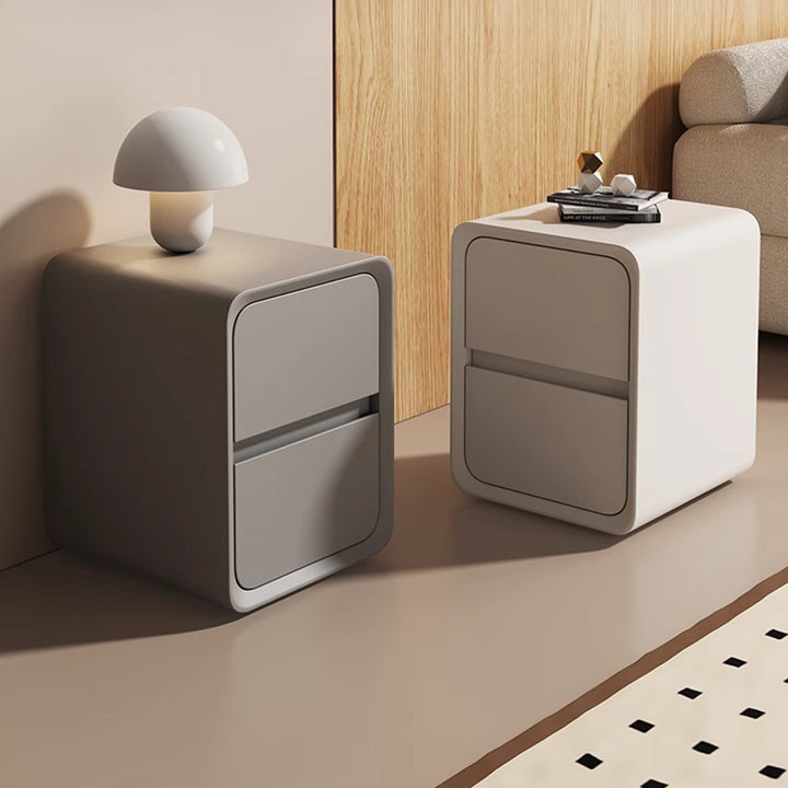 Modern Minimalist Microfiber Leather MDF Metal Rounded Rectangle Nightstand With 2 Drawers For Bedroom