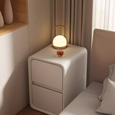 Modern Minimalist Microfiber Leather Solid Wood Metal Rounded Rectangle Nightstand With 2 Drawers For Bedroom
