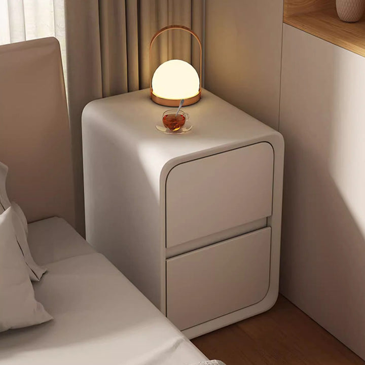 Modern Minimalist Microfiber Leather MDF Metal Rounded Rectangle Nightstand With 2 Drawers For Bedroom