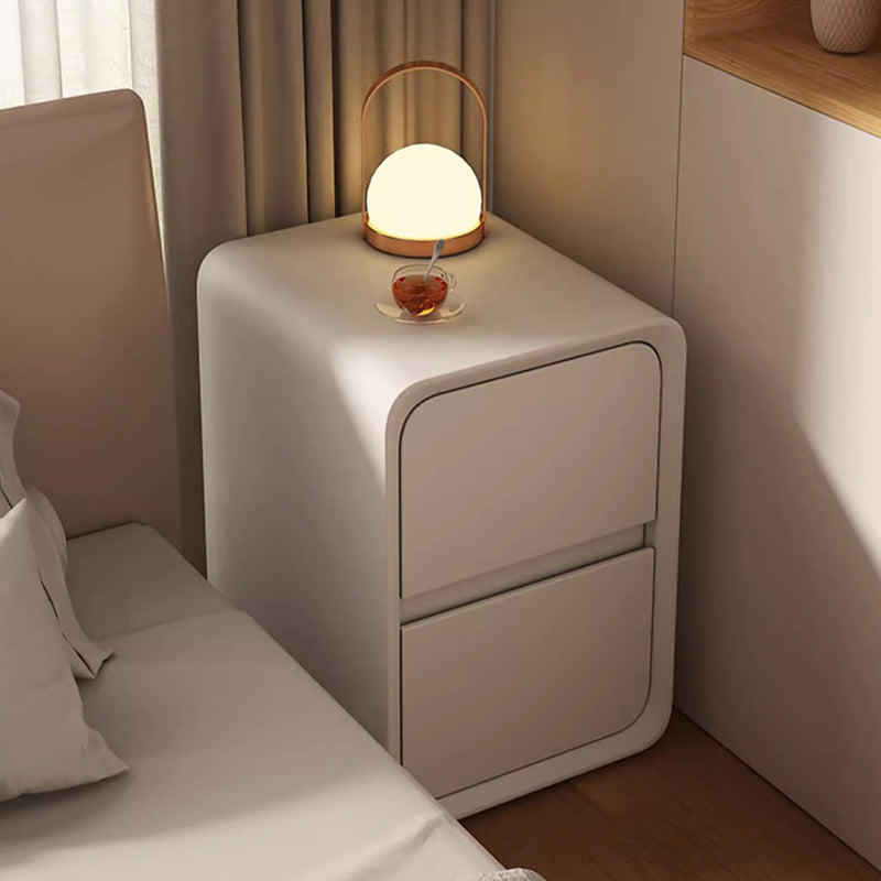 Modern Minimalist Microfiber Leather Solid Wood Metal Rounded Rectangle Nightstand With 2 Drawers For Bedroom