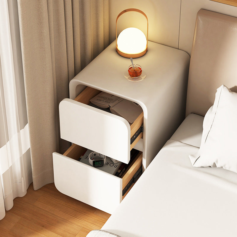 Modern Minimalist Microfiber Leather Solid Wood Metal Rounded Rectangle Nightstand With 2 Drawers For Bedroom