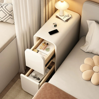 Modern Minimalist Microfiber Leather Solid Wood Metal Rounded Rectangle Nightstand With 2 Drawers For Bedroom
