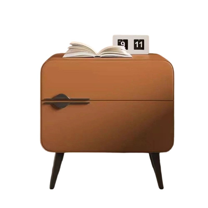 Contemporary Scandinavian Microfiber Leather Carbon Steel Solid Wood Metal Rounded Square Cylindrical Nightstand With 2 Drawers For Bedroom