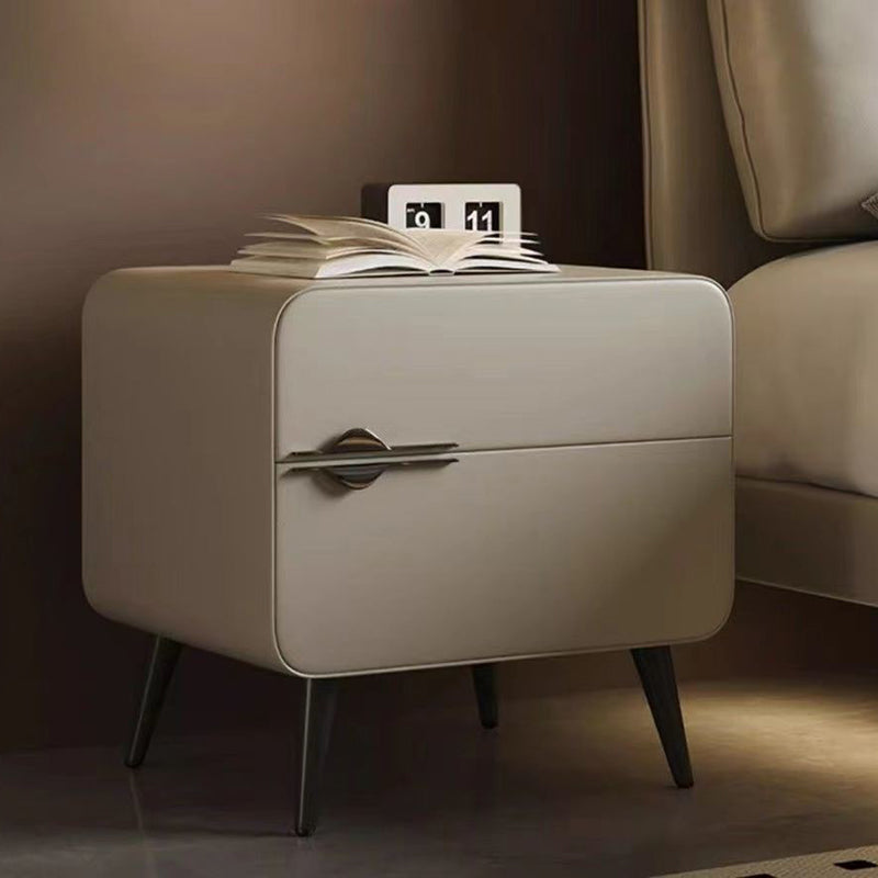 Contemporary Scandinavian Microfiber Leather Carbon Steel Solid Wood Metal Rounded Square Cylindrical Nightstand With 2 Drawers For Bedroom